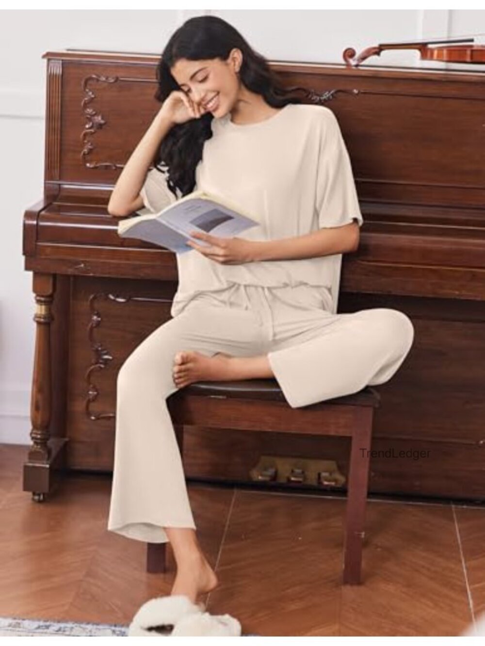 Ekouaer Womens Lounge Set 2 Piece Soft Polyester Pajama Set - Picture 4 of 6